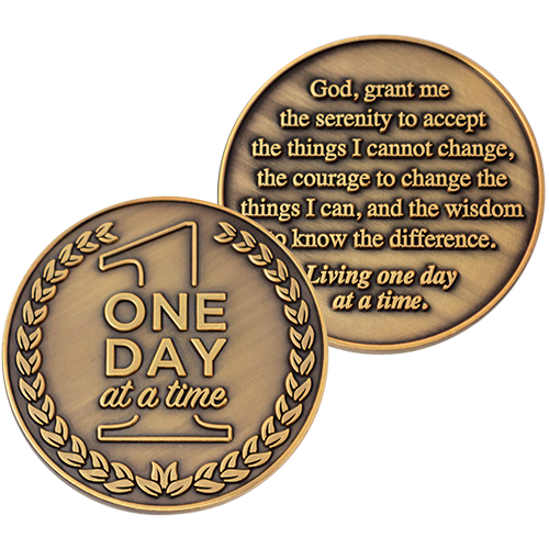 Front and back of One Day at a Time Antique Gold Plated  Challenge Coin with Serenity Prayer