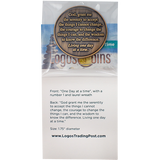 back of One Day at a Time Antique Gold Plated  Challenge Coin with Serenity Prayer in packaging
