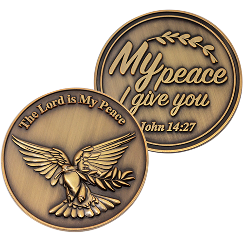 Front and back of The Lord is my Peace Antique Gold Plated Christian Coin with Dove and Olive Branch