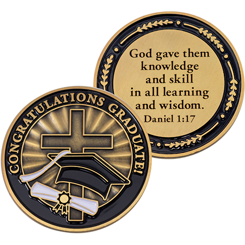 Back and front of Congratulations Graduate Antique Gold Plated Christian Coin 