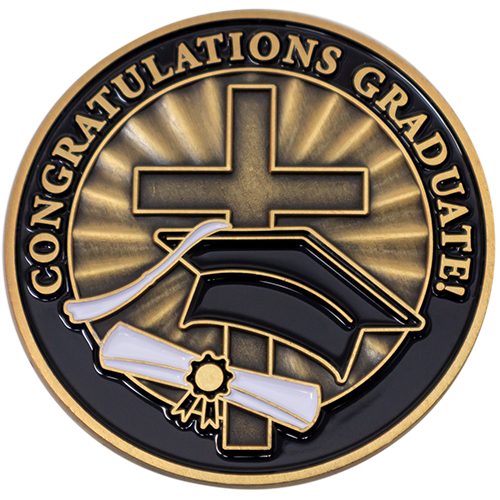 Front: Cross, diploma, and graduation cap, with text, 
