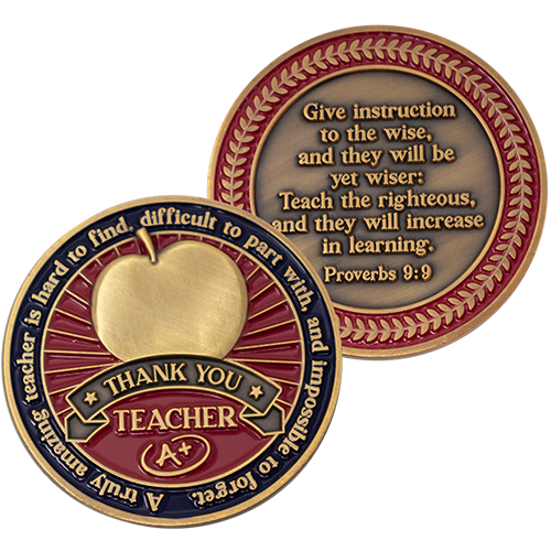 Front and back of Teacher Appreciation Coin Antique Gold Plated 