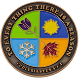Front: Iconography representing the four seasons, with text "To everything there is a season" / "Ecclesiastes 3:1-4"