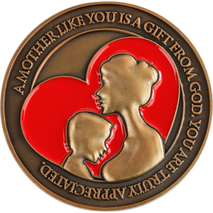 Front: Silhouette of a mother and child in a heart, with the text "A mother like you is a gift from God. You are truly appreciated."