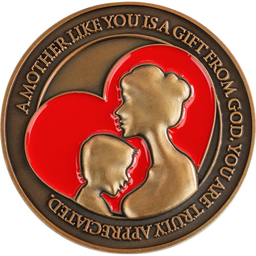 Front: Silhouette of a mother and child in a heart, with the text 
