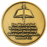 Back: Bible with sword, with text "The Word of God is living and active, sharper than any double-edged sword... Hebrews 4:12"