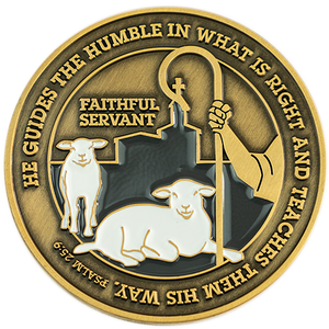 Front: Shepherd's rod, sheep, and church, with text "He guides the humble in what is right and teaches them his way. Psalm 25:9" / "Faithful Servant"