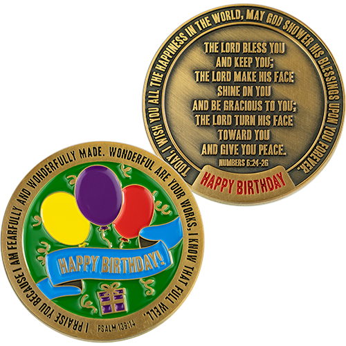 Both front and back view of happy birthday challenge coin