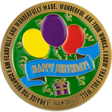 Front of happy birthday challenge coin, with balloons and confetti
