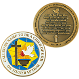 Front and back of Baptismal Antique Gold Plated Challenge Coin