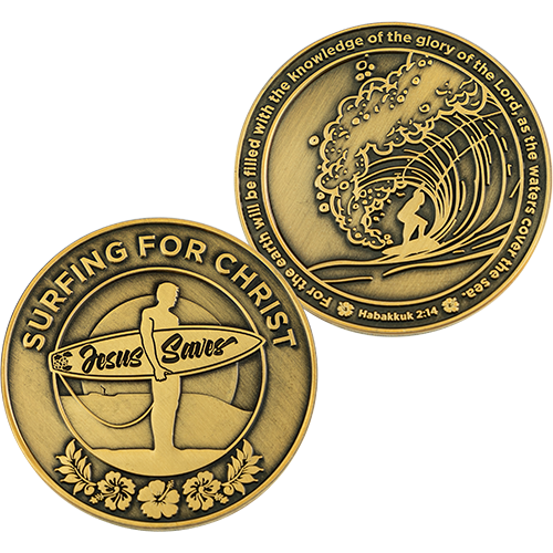 Front and back of Surfing for Christ Antique Gold Plated Challenge Coin