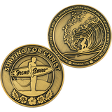 Front and back of Surfing for Christ Antique Gold Plated Challenge Coin