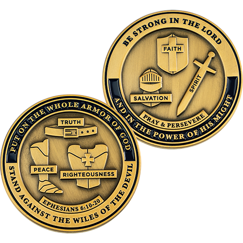 Front and back of Armor of God Coin with All Armor Pieces Antique Gold Plated Coin