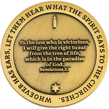 Back: Candle and Star of David, with text "Whoever has ears, let them hear what the Spirit says to the churches." / "To the one who is victorious, I will give the right to eat from the tree of life, which is in the paradise of God. Revelations 2:7"
