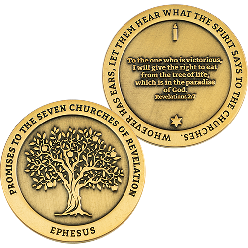 front and back of Ephesus, Seven Churches of Revelation Antique Gold Plated Challenge Coin