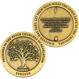 front and back of Ephesus, Seven Churches of Revelation Antique Gold Plated Challenge Coin