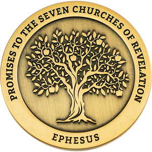 Front: Tree with apples, with text "Promises to the seven churches of Revelations" / "Ephesus"