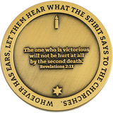 Back: Candle and Star of David, with text "Whoever has ears, let them hear what the Spirit says to the churches." / "The one who is victorious will not be hurt at all by the second death. Revelations 2:11"