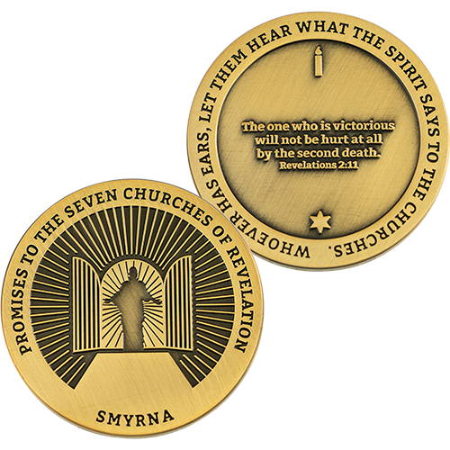 Front and back of Smyrna, Seven Churches of Revelation Antique Gold Plated Challenge Coin Antique Gold Plated Prayer Gift