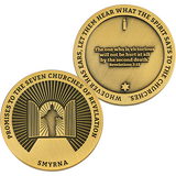Front and back of Smyrna, Seven Churches of Revelation Antique Gold Plated Challenge Coin Antique Gold Plated Prayer Gift
