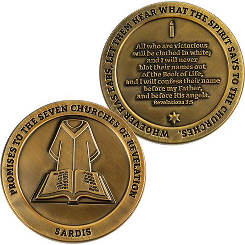 Front and back of Sardis, Seven Churches of Revelation Challenge Antique Gold Plated Coin