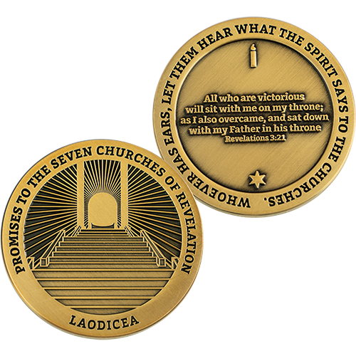 Front and back of Laodicea, Seven Churches of Revelation Antique Gold Plated Challenge Coin