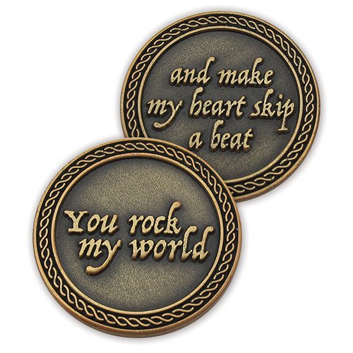 Front and back of You Rock My World Romantic Love Expression Antique Gold Plated Coins
