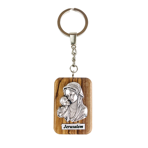 Virgin Mary & Child Olive Wood Keychain, Catholic & Christian Religious Gift for Men & Women