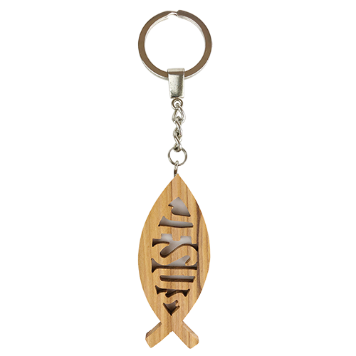 Jesus Fish Olive Wood Keychain, Catholic & Christian Religious Gift for Men & Women