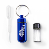 Oil Vial Keyring showing keyring vial holder, vial and eyedropper