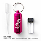 Oil Vial Keyring showing keyring vial holder, vial and eyedropper with descriptive text