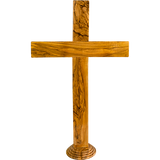 front-facing view of 20" olive wood standing cross without label