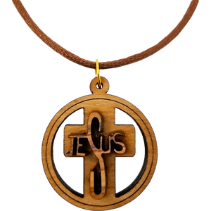 Olive Wood 3D Jesus Cross Round Necklace