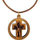 Olive Wood 3D Jesus Cross Round Necklace