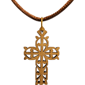 Olive Wood Flat Filigree Cross Necklace