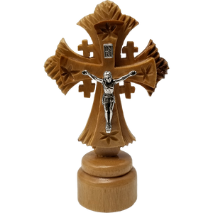 Olive Wood Jerusalem Cross Crucifix on Stand - Small