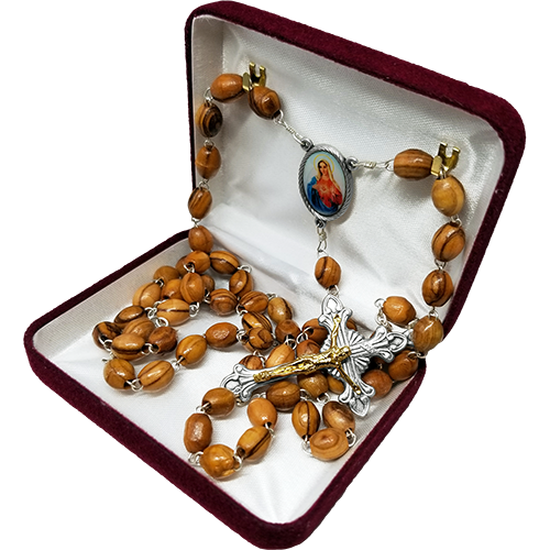 Olive Wood Rosary with Immaculate Heart of the Virgin Mary Oval Medal in velvet box