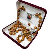 Olive Wood Rosary with Immaculate Heart of the Virgin Mary Oval Medal in velvet box