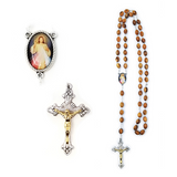 Olive Wood Rosary with Divine Mercy of Jesus Oval Medal close view of features