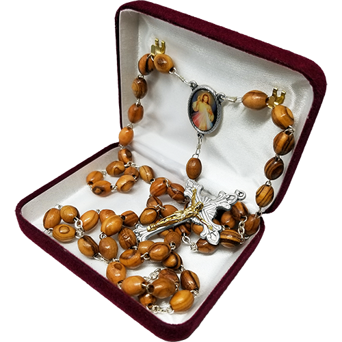 Olive Wood Rosary with Divine Mercy of Jesus Oval Medal in velvet box