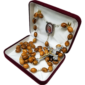 Olive Wood Rosary with Virgin Mary Medjugorje Oval Medal in velvet box