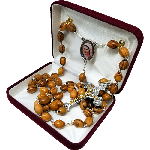 Olive Wood Rosary with Virgin Mary Medjugorje Oval Medal in velvet box