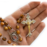 Olive Wood Rosary with Virgin Mary Medjugorje Oval Medal close view