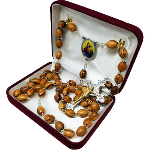 Olive Wood Rosary with Virgin Mary and Jesus Oval Medal in velvet box