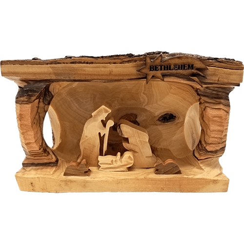 Nativity Grotto Log With Bark 3D Holy Land Olive Wood - Large- Made in Bethlehem