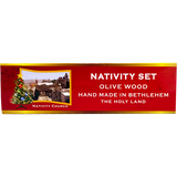 Holy Land 4 Ornament Olive Wood Nativity Set in Box hanging top of box