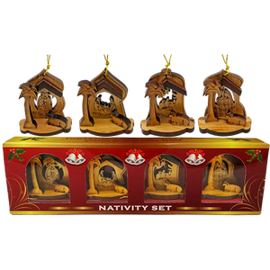 Holy Land 4 Ornament Olive Wood Nativity Set in Box in and out of box