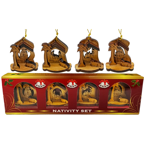 Holy Land 4 Ornament Olive Wood Nativity Set in Box in and out of box