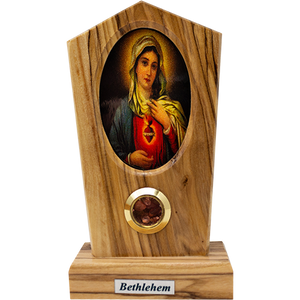 Virgin Mary Immaculate Heart Olive Wood Plaque from Israel, Full Color Center Portrait, Traditional Devotional Prayer Icon front view