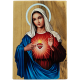 Virgin Mary Immaculate Heart, Holy Land Olive Wood Color Icon, Made in Bethlehem front view